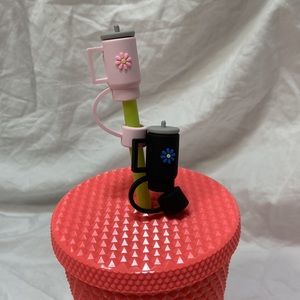 SHEIN 2 silicone straw cover cap for Stanley Cup. Pink & black straw toppers.
